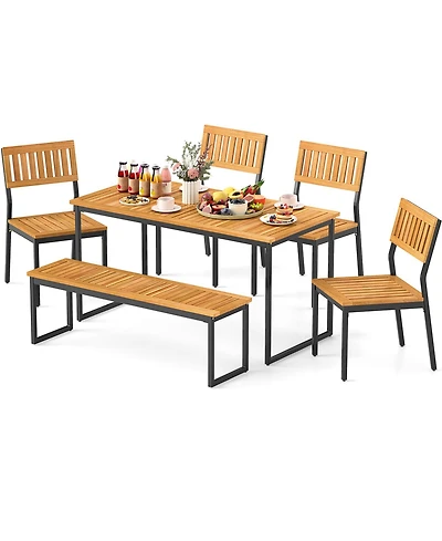 Sugift 6-Piece Acacia Wood Patio Dining Set with Bench and 2 in Umbrella Hole