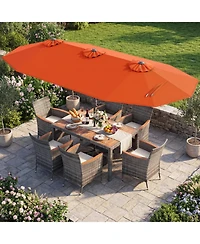 Sugift 8-Piece Outdoor Wicker Dining Furniture with Double-Sided Patio Umbrella