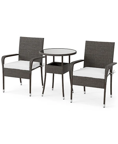 Gouun 3 Piece Patio Furniture Set, Pe Wicker Chairs and Tempered Glass Top Table for Garden