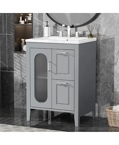 Sillysis Freestanding Bathroom Vanity with Sink, Solid Wood Cabinet, Moru Glass Door, Adjustable Shelf for Small Spaces