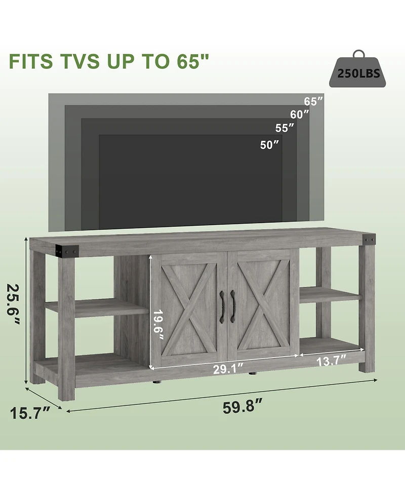 Farmhouse Tv Stand with X-Shaped Metal Frame, Adjustable Shelves and Storage Cabinets