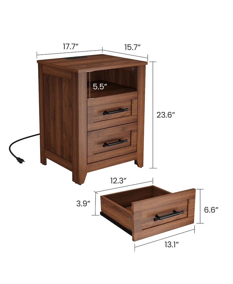 Homfan Set of 2 Farmhouse Nightstand with Drawer and Open Compartment, Side Table Charging Station, End Storage Shelf for Bedroom