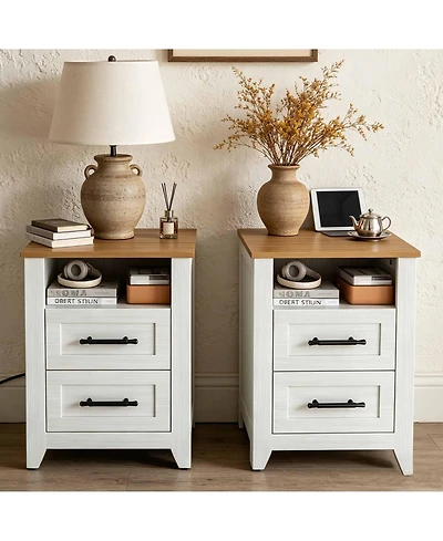 Homfan Set of 2 Farmhouse Nightstand with 2 Drawer and Open Compartment, Side Table with Charging Station, End Table with Storage Shelf for Bedroom