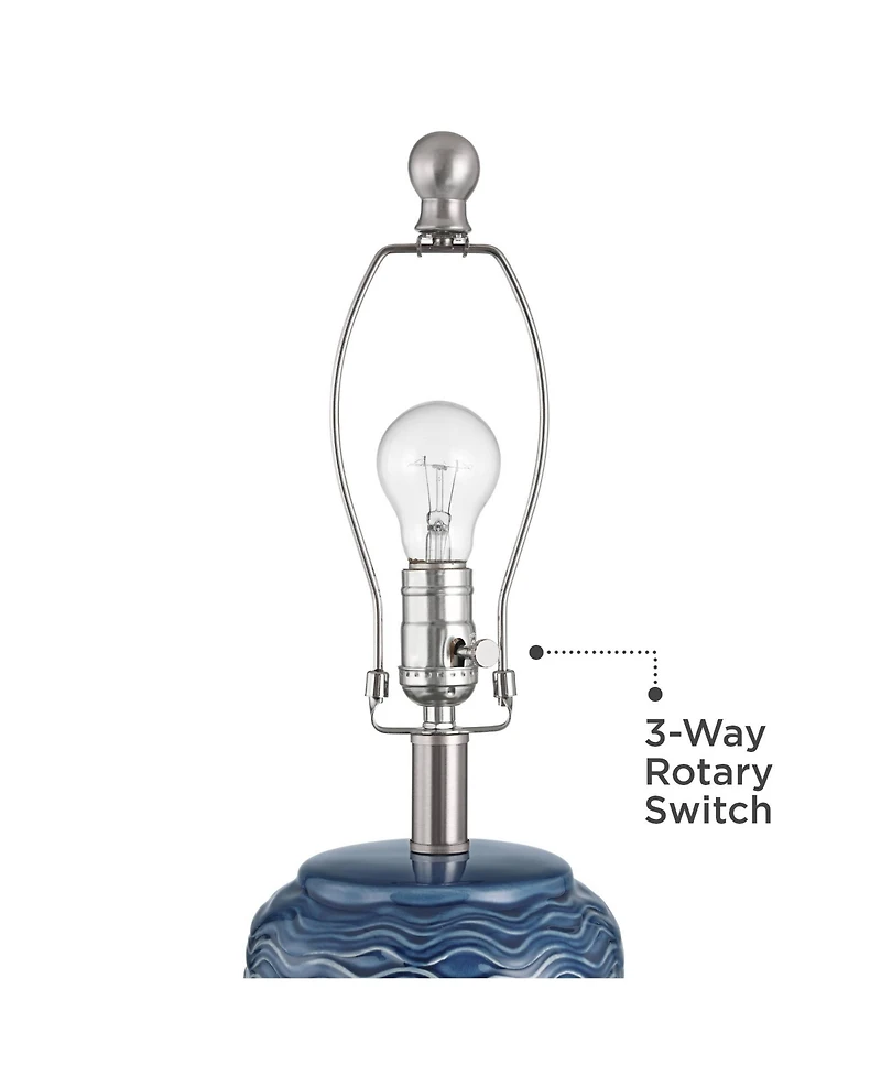 360 Lighting Waves Tall Modern Coastal 3-Way Table Lamps Set of 2 Blue Ceramic White Shade Living Room Bedroom Bedside