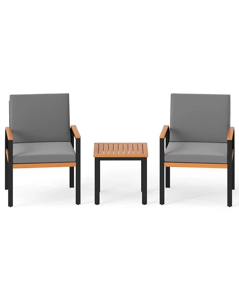 Costway 3 Pcs Patio Furniture Set with Coffee Table Removable Cushions Acacia Wood Armrests