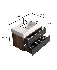 Sillysis Wall Mounted Bathroom Vanity with Glossy Sink, Double Soft Close Drawers, Floating Mid Century Modern Storage