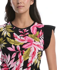Rafaella Petite Tropical Print Ruffle Cap-Sleeve Top