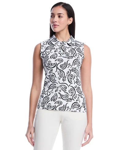 Rafaella Petite Paisley Print Ruffle Trim Sleeveless Polo Shirt