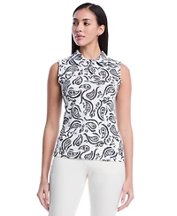 Rafaella Petite Paisley Print Ruffle Trim Sleeveless Polo Shirt