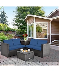 Costway 4PCS Patio Rattan Furniture Set Cushioned Loveseat Storage Table