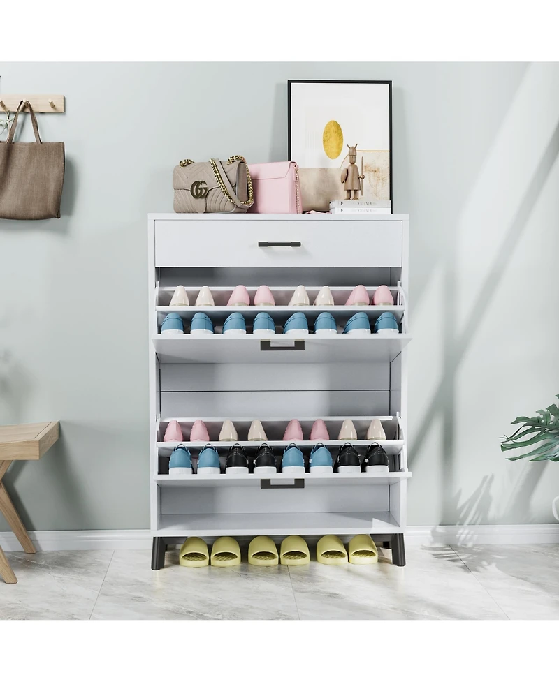 Rainsken Shoe Cabinet, Freestanding Shoe Organizer with 2 Flip Drawers, Hidden Shoe Storage Rack for Doorway, Hallway and Closet