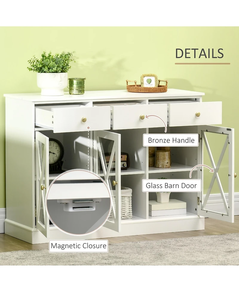 Homcom 45" Farmhouse Sideboard Buffet Cabinet with Glass Doors and 3 Drawers,