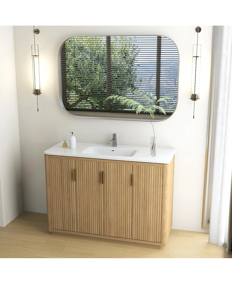 Sillysis Modern Bathroom Vanity with Integrated Ceramic Sink, Striped Wood Four Doors, Large Storage Cabinet for Contemporary Home