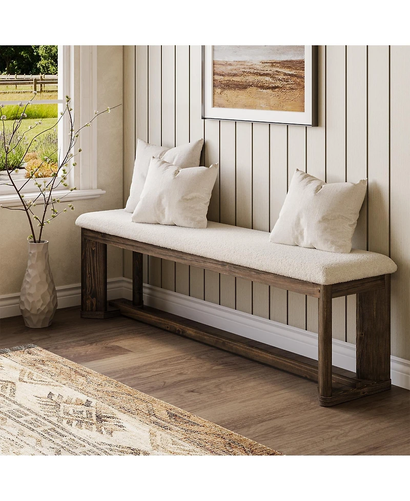 Tribesigns 63" Solid Wood Dining Bench, Upholstered Farmhouse Dining Bench with Faux Lamb Fur Seat,Kitchen Table Bench with Antique Brown Legs