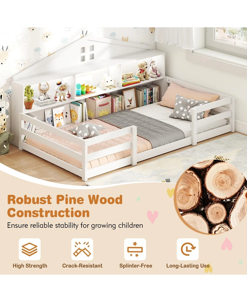 Slickblue Montessori Floor Bed with Storage Shelves and Compartments for Toddler Bedroom