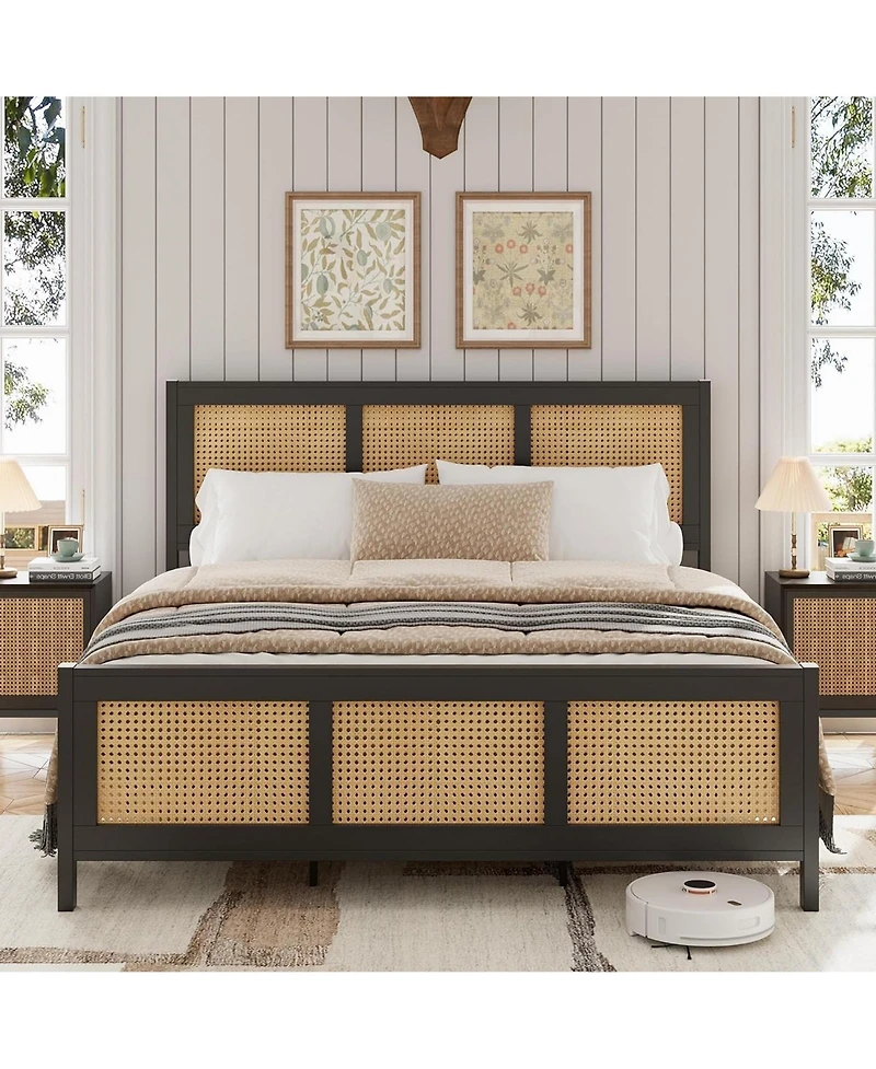 homfan Rattan Bed Frame with Sturdy Metal Slats, Noise-Free, No Box Spring