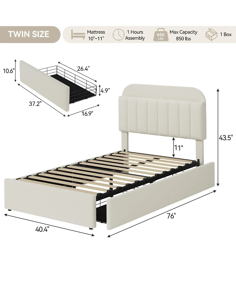 Homfan Twin Bed Frame with 2 Drawers, Boucle Upholstered Bookcase Headboard, Kids Bed, Easy Assembly, No Box Spring