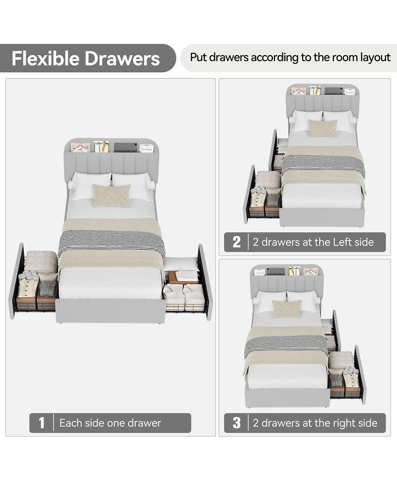 Homfan Twin Bed Frame with 2 Drawers, Boucle Upholstered Bookcase Headboard, Kids Bed, Easy Assembly, No Box Spring