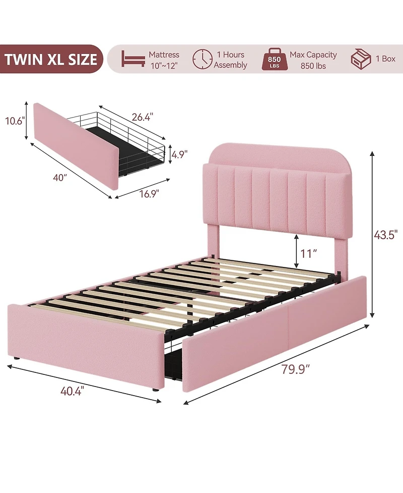 homfan Twin Bed Frame with 2 Drawers, Boucle Upholstered Bookcase Headboard, Kids Bed, Easy Assembly, No Box Spring