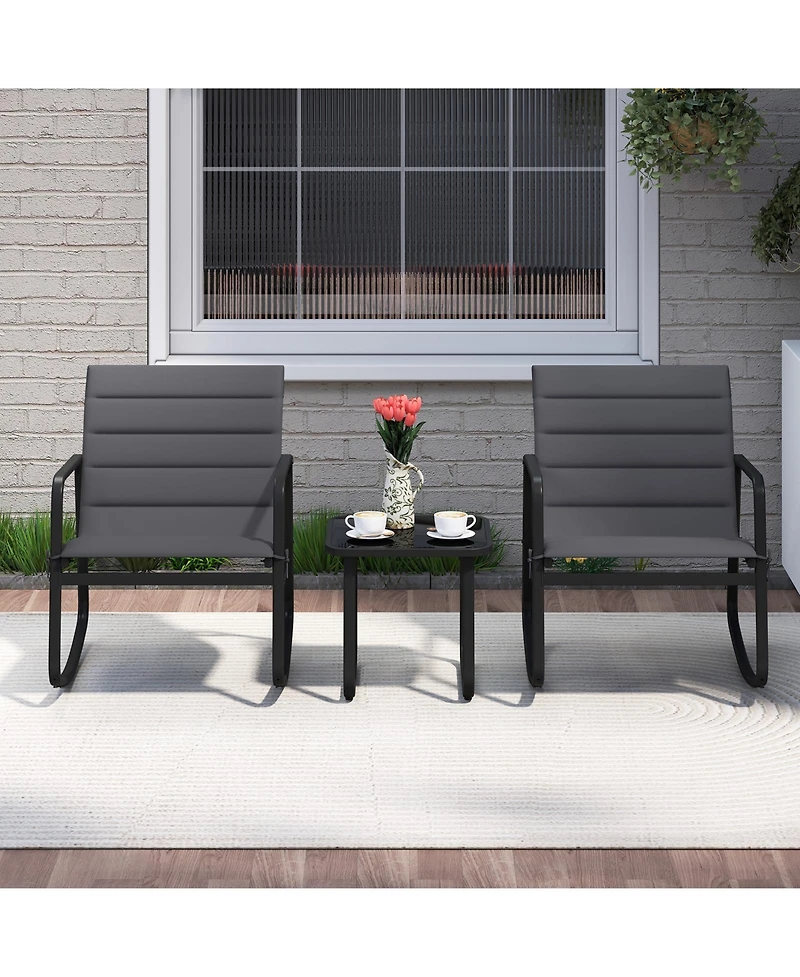 Gymax 3PCS Outdoor Rocking Bistro Set w/Tempered Glass Table Soft Cushions for Garden