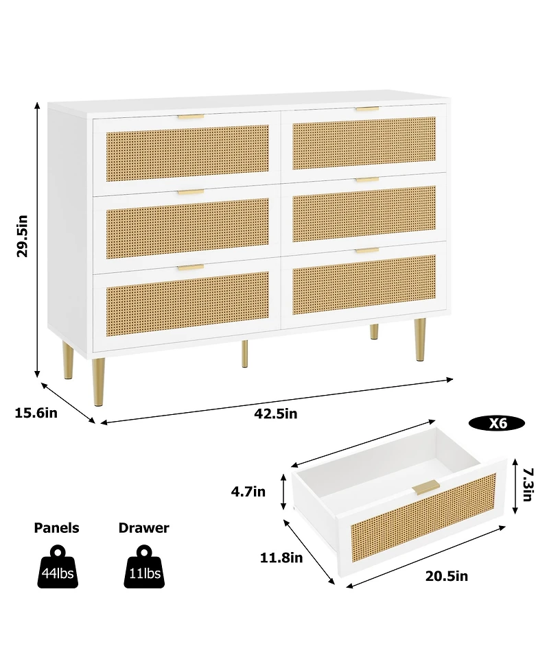 Homfan 6 Drawer Dresser, Rattan Chest, Farmhouse Wooden Dresser with Metal Legs, Large Unit for Bedroom, Living Room, Nursery