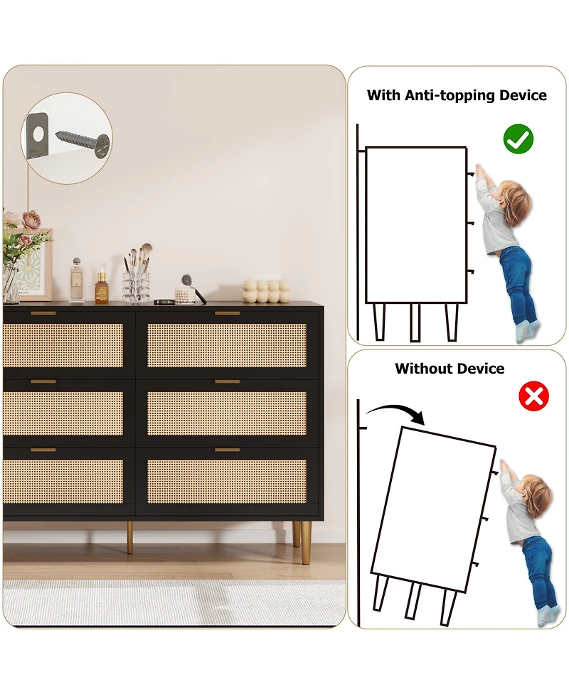 Homfan 6 Drawer Dresser, Rattan Chest, Farmhouse Wooden Dresser with Metal Legs, Large Unit for Bedroom, Living Room, Nursery