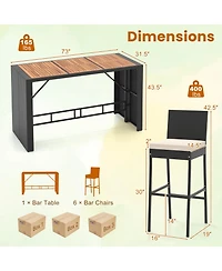 Sugift 7-Piece Rattan Patio Bar Set with Acacia Wood Top and 6 Stools