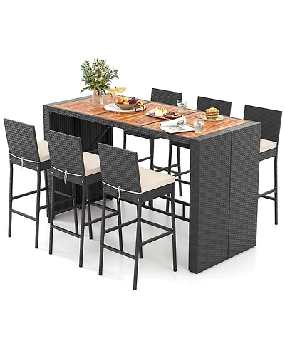 Sugift 7-Piece Rattan Patio Bar Set with Acacia Wood Top and 6 Stools