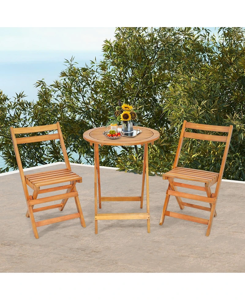 Gymax 3PCS Folding Bistro Set Solid Acacia Wood Table and Chairs Slatted Tabletop Patio