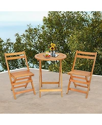 Gymax 3PCS Folding Bistro Set Solid Acacia Wood Table and Chairs Slatted Tabletop Patio
