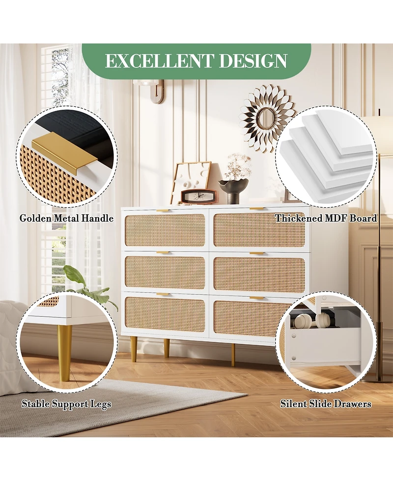 Homfan Modern Rattan 6 Drawer Dresser - Large Double Wooden Chest, Deep Wide Storage Drawers, Top Cabinet for Bedroom, Living Room