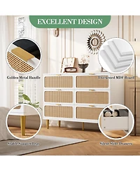 Homfan Modern Rattan 6 Drawer Dresser - Large Double Wooden Chest, Deep Wide Storage Drawers, Top Cabinet for Bedroom, Living Room