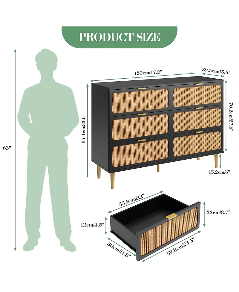 Homfan Modern Rattan 6 Drawer Dresser - Large Double Wooden Chest, Deep Wide Storage Drawers, Top Cabinet for Bedroom, Living Room