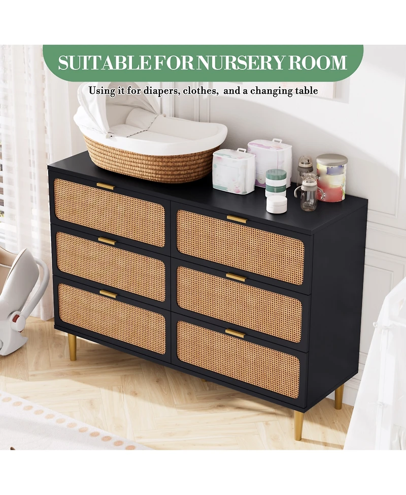 Homfan Modern Rattan 6 Drawer Dresser - Large Double Wooden Chest, Deep Wide Storage Drawers, Top Cabinet for Bedroom, Living Room