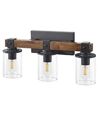 Busdays 3 Light Farmhouse Bathroom Vanity Light Rustic Wood Black Metal Fixture Clear Glass Shades Over Mirror Wall Sconce