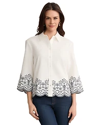 Jones New York Women's Embroidered Linen-Blend Button-Front Shirt