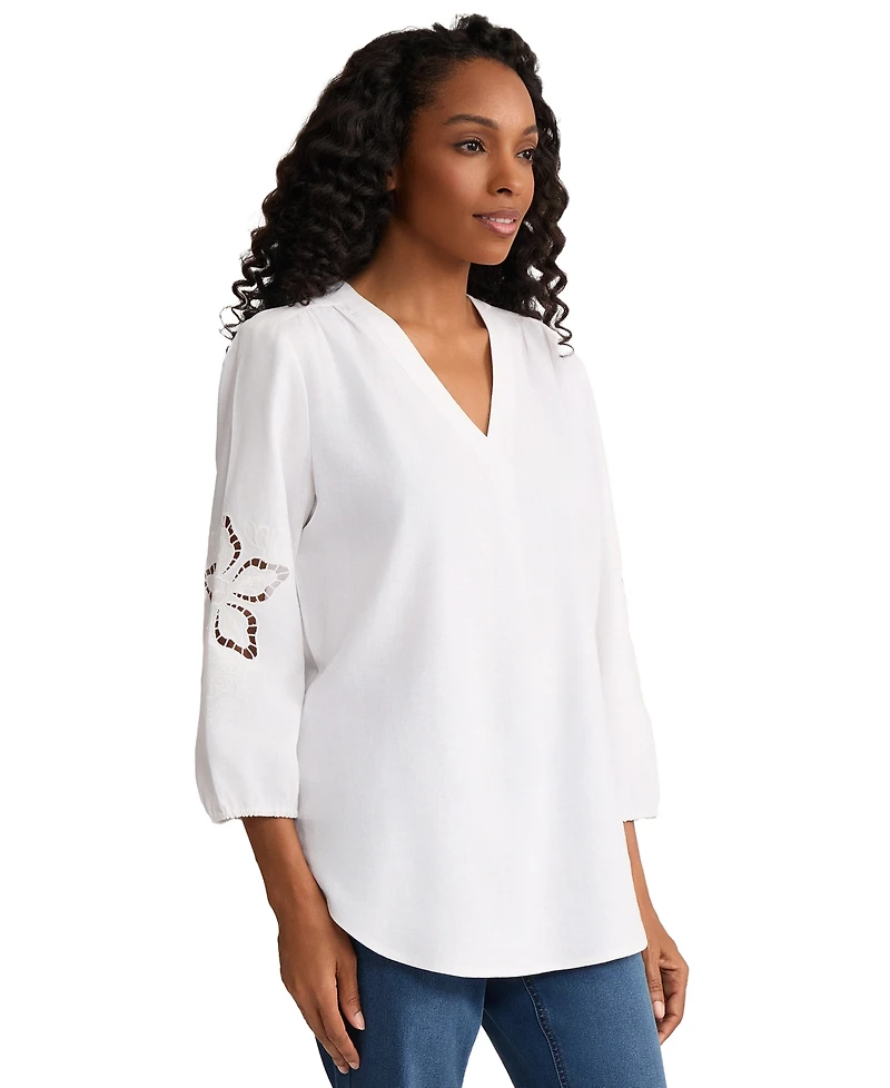Jones New York Women's V-Neck Embroidered-Sleeve Linen-Blend Top