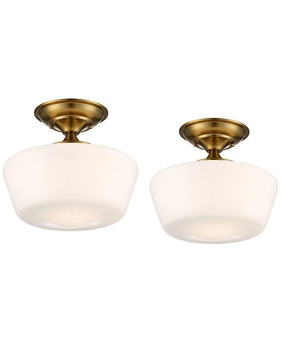 Regency Hill Schoolhouse Rustic Farmhouse Ceiling Light Semi Flush Mount Fixture Set of 2 Soft Gold Metal Opal Glass for Bedroom