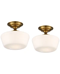 Regency Hill Schoolhouse Rustic Farmhouse Ceiling Light Semi Flush Mount Fixture Set of 2 Soft Gold Metal Opal Glass for Bedroom
