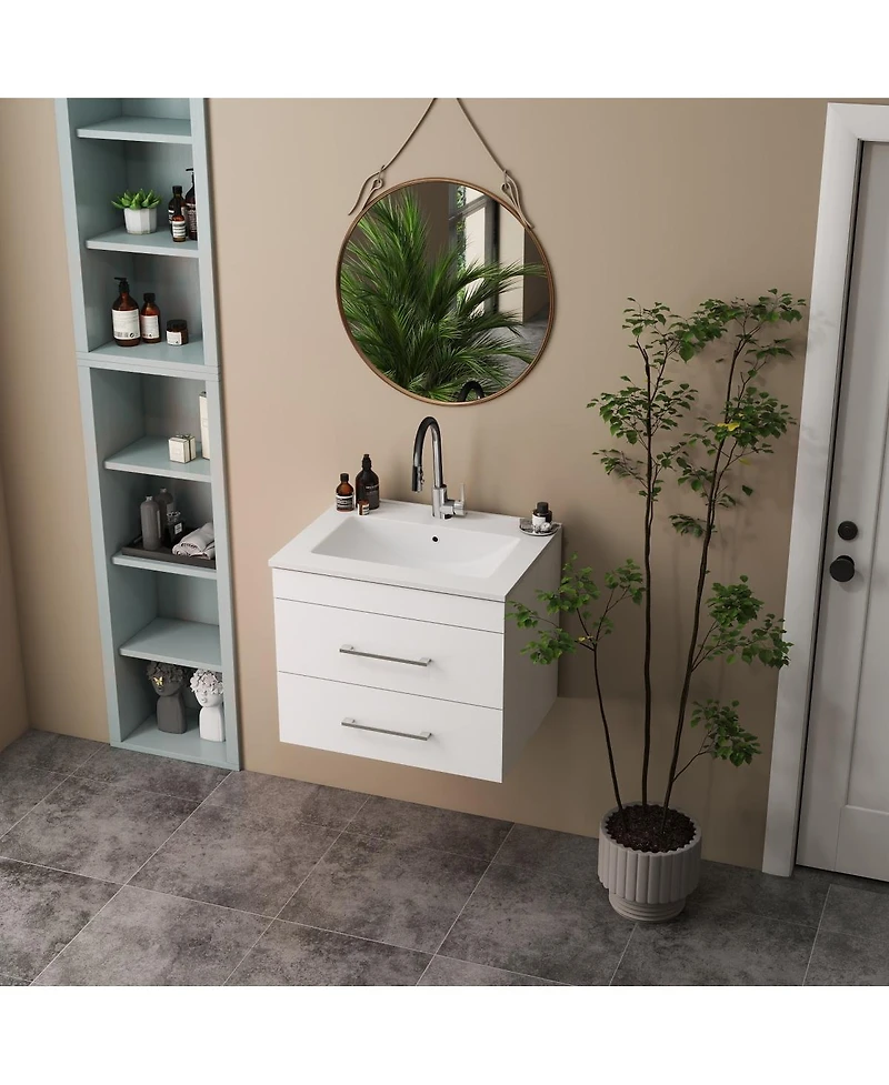 Sillysis Glossy White Wall Mounted Bathroom Vanity with Sink , Soft Close Drawers