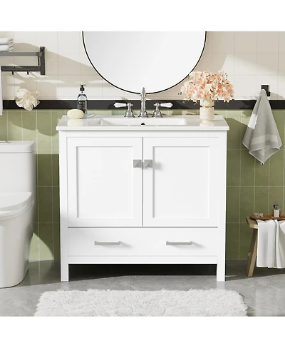 Sillysis 36 Inch Bathroom Vanity with Ceramic Sink, Solid Wood Frame, Soft Close Doors and Divided Drawer for Small Spaces