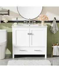 Sillysis 36 Inch Bathroom Vanity with Ceramic Sink, Solid Wood Frame, Soft Close Doors and Divided Drawer for Small Spaces