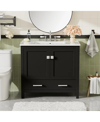 Sillysis 36 Inch Bathroom Vanity with Ceramic Sink, Solid Wood Frame, Soft Close Doors and Divided Drawer for Small Spaces