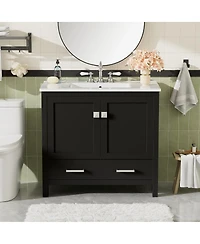 Sillysis 36 Inch Bathroom Vanity with Ceramic Sink, Solid Wood Frame, Soft Close Doors and Divided Drawer for Small Spaces