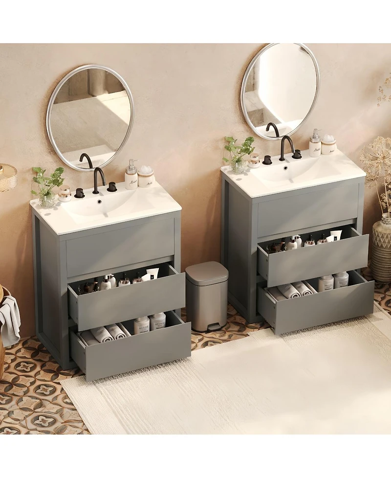 Sillysis 60 Inch Double Sink Bathroom Vanity Set, Ceramic Basins, Soft-Close Drawers, Handleless Design for Modern