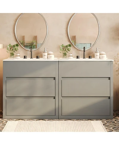 Sillysis 60 Inch Double Sink Bathroom Vanity Set, Ceramic Basins, Soft-Close Drawers, Handleless Design for Modern