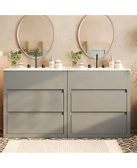Sillysis 60 Inch Double Sink Bathroom Vanity Set, Ceramic Basins, Soft-Close Drawers, Handleless Design for Modern