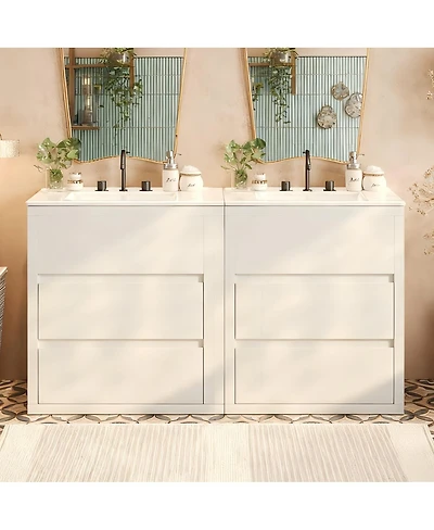 Sillysis 60 Inch Double Sink Bathroom Vanity Set, Ceramic Basins, Soft-Close Drawers, Handleless Design for Modern
