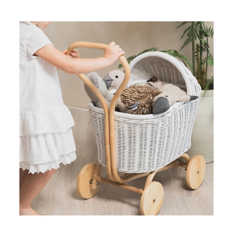 Momiji Colette Handcrafted Rattan Doll Stroller with Wooden Wheels and Toy Mattress - Wicker