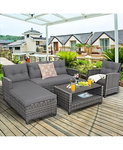 Costway 4PCS Patio Rattan Furniture Set Cushioned Loveseat Table Shelf